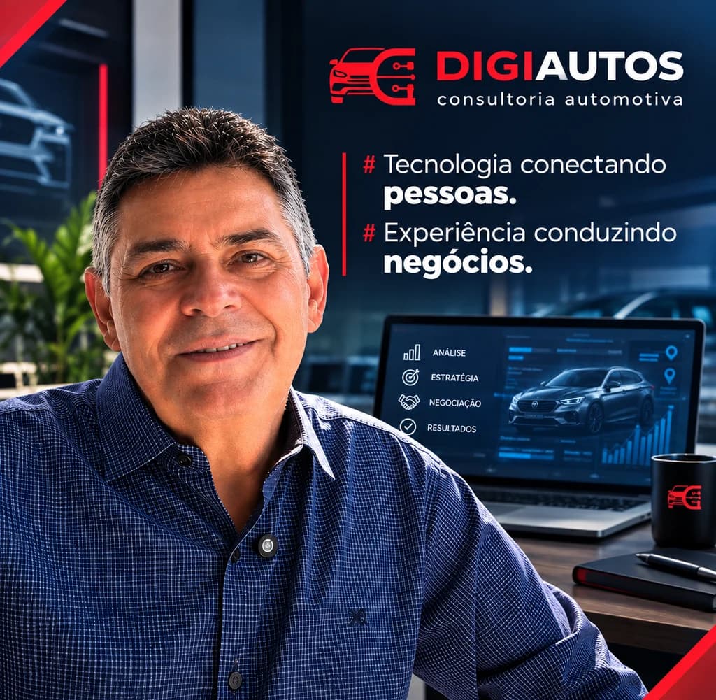 Juarez em arte institucional da Digiautos, com o lema Tecnologia conectando pessoas. Experiência conduzindo negócios.